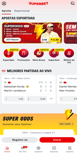 Imagem da p&aacute;gina inicial da Superbet com apostas esportivas 