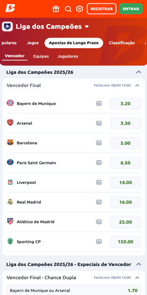 Imagem com opções de postas de longo prazo na Champions League na Betano