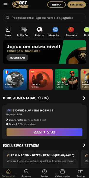 Imagem da p&aacute;gina oficial da BetMGM no Brasil com op&ccedil;&otilde;es de apostas e promo&ccedil;&otilde;es