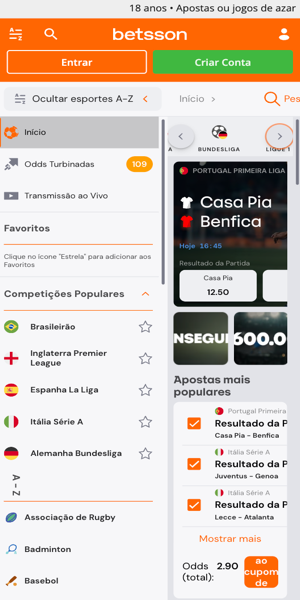 Imagem da p&aacute;gina inicial da Betsson Brasil com op&ccedil;&otilde;es de apostas esportivas.