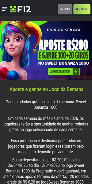 Imagem da p&aacute;gina da promo&ccedil;&atilde;o do jogo da Semana na F12 Bet