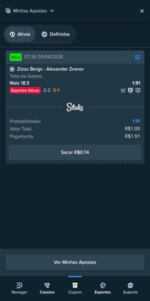 Imagem de um bilhete dispon&iacute;vel para cash out parcial durante a partida