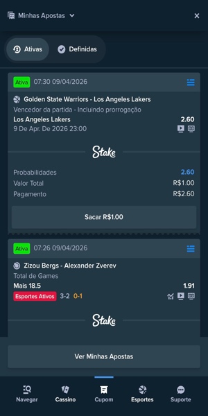 Imagem de uma aposta pr&eacute;-jogo dispon&iacute;vel para cash out integral na Stake