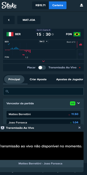Imagem durante transmiss&atilde;o ao vivo de um jogo de t&ecirc;nis na Stake
